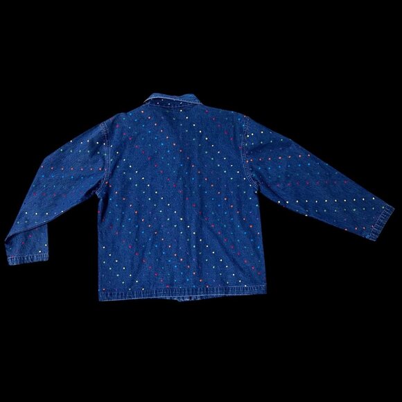 Vintage Denim Shirt Jacket Polka Dot Embroidery Small 1990s Rainbow Button Up - Picture 3 of 9
